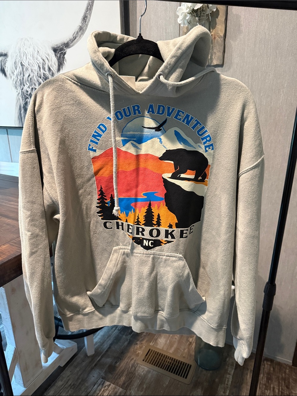 Cherokee Beige Graphic Hoodie with Multicolor Outdoor Print
